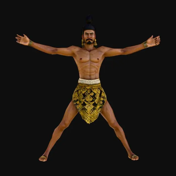 3D model for 
A low-poly, game-ready 3D model of Werkudara, a stylized and muscular Javanese wayang hero.

He is shirtless with Javanese batik pants, a black-and-white checkered 'selendang catur' sash, and black bracelets with golden ornaments on both wrists.

Key head features: a large 'gelung supit urang' updo shaped like a scorpion's tail; a golden, flame-shaped 'Pupuk Jaroting asem' forehead ornament with intricate engravings; wide 'thelengan' eyes; golden-yellow eyebrows; and a thick mustache.

Ensure clean topology for animation, with medium-high detail achieved through PBR textures.