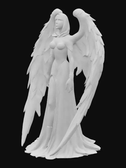 3D model for fantasy female gothic dark angel, tall and elegant body, beautiful wings, elegant clothes with epic patterns, upright and proud stance, delicate and beautiful face, with or without a weapon in hand, extremely details high resolution texture, epic stance with arms open and head tilted upwards. with her face hidden under a hood
