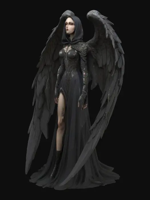 3D model for fantasy female gothic dark angel, tall and elegant body, beautiful wings, elegant clothes with epic patterns, upright and proud stance, delicate and beautiful face, with or without a weapon in hand, extremely details high resolution texture, epic stance with arms open and head tilted upwards. with her face hidden under a hood
