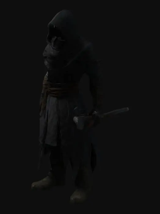 3D model for Dark souls like boss shadow fighter with a makeshift axe and a dark hood and robe