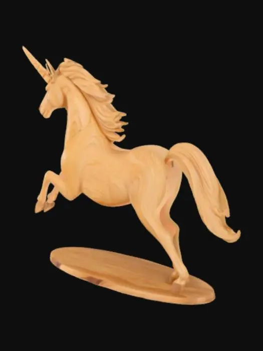 3D model for Highly stylized, wood sculpture of a galloping Unicorn with flowing mane and defined muscles, natural wood texture, Ensure all walls and features are at least 2 mm thick. Include bold, recessed features with a depth of at least 2 mm. Maintain sharp, clean lines with no unnecessary fine or jagged edges. Design embossed feature