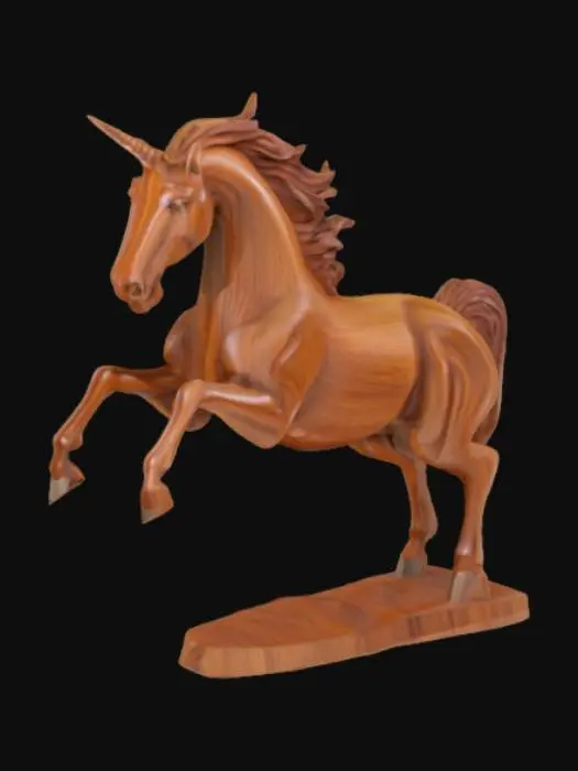 3D model for Highly stylized, wood sculpture of a galloping Unicorn with flowing mane and defined muscles, Mahogany wood texture, Ensure all walls and features are at least 2 mm thick. Include bold, recessed features with a depth of at least 2 mm. Maintain sharp, clean lines with no unnecessary fine or jagged edges. Design embossed feature