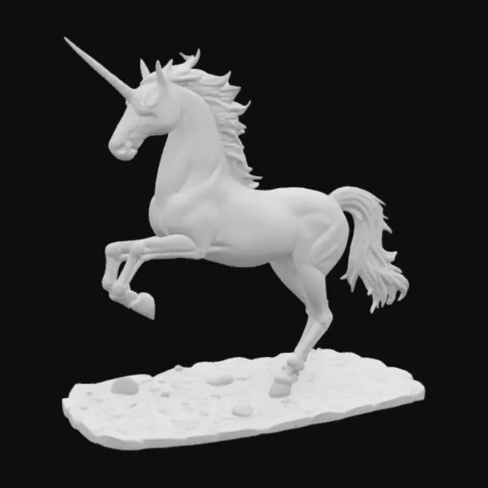 3D model for Highly stylized, wood sculpture of a galloping Unicorn with flowing mane and defined muscles, natural wood texture, Ensure all walls and features are at least 2 mm thick. Include bold, recessed features with a depth of at least 2 mm. Maintain sharp, clean lines with no unnecessary fine or jagged edges. Design embossed feature
