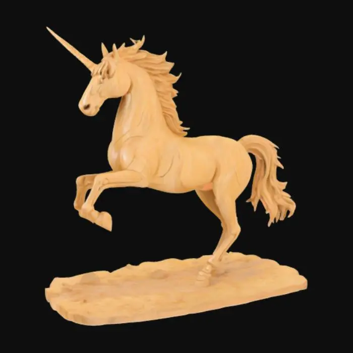 3D model for Highly stylized, wood sculpture of a galloping Unicorn with flowing mane and defined muscles, natural wood texture, Ensure all walls and features are at least 2 mm thick. Include bold, recessed features with a depth of at least 2 mm. Maintain sharp, clean lines with no unnecessary fine or jagged edges. Design embossed feature