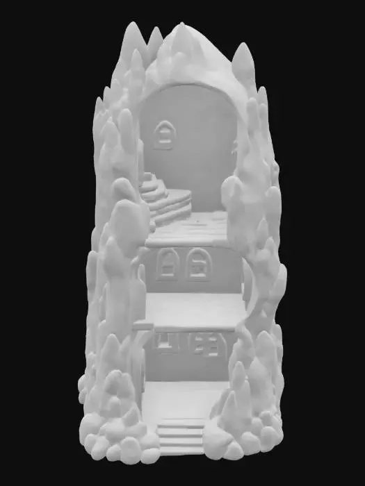 3D model for Corner shelves shaped like mines out of a fairy tale. Flat on the back so it can fit against the wall, but looks like mountain ridges along the sides. With bridges and stairs on the inside to create the shelves. 