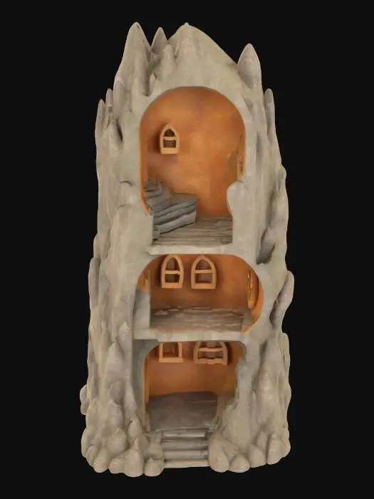 3D model for Corner shelves shaped like mines out of a fairy tale. Flat on the back so it can fit against the wall, but looks like mountain ridges along the sides. With bridges and stairs on the inside to create the shelves. 