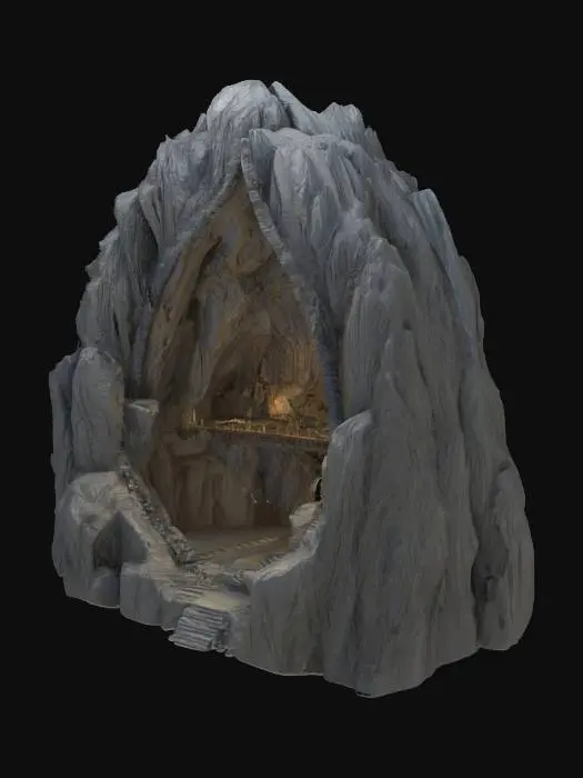 3D model for A mountain with the side carved out at a 45 degree angle, so you can see the mines of Moria within. Along with bridges and stairs running along the inside creating perfect shelf space. 