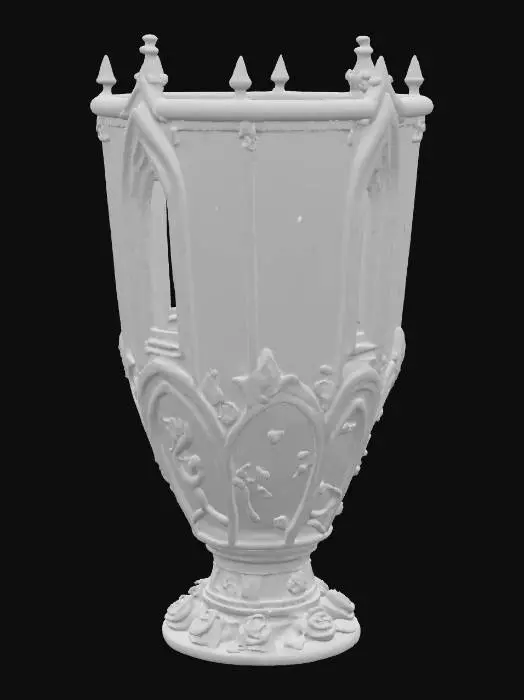 3D model for cup shaped like a tall structure with narrow slit window. It has two steel posts at the top, with two beams extending from them,. The main entrance is ancient wood bearing an Ouroboros. With roses growing at it's base. 