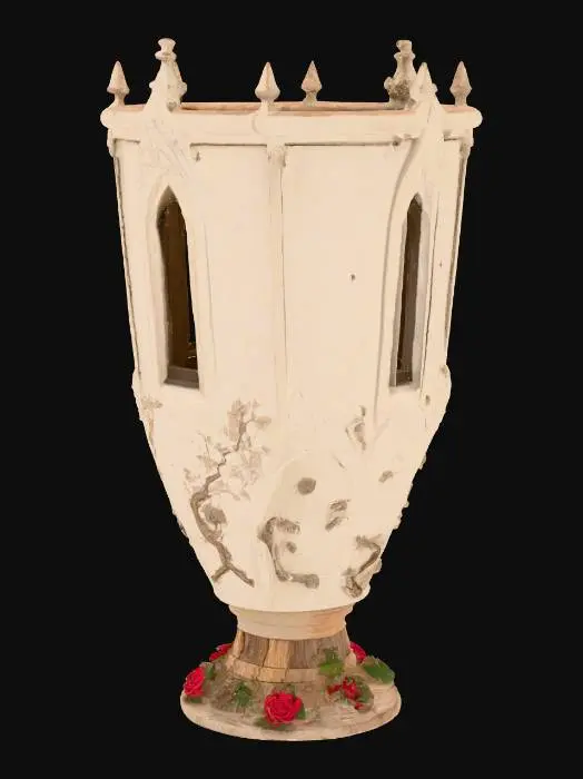3D model for cup shaped like a tall structure with narrow slit window. It has two steel posts at the top, with two beams extending from them,. The main entrance is ancient wood bearing an Ouroboros. With roses growing at it's base. 