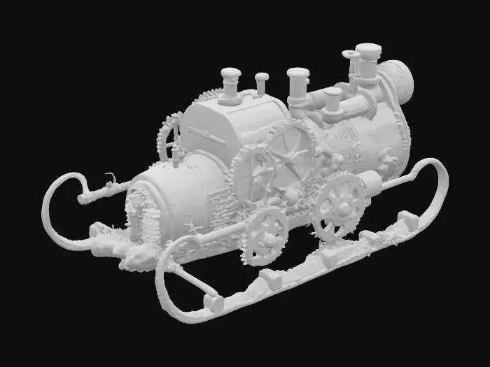 3D model for [Greenland] A steampunk sled powered by geothermal vents, bristling with brass pipes and giant cogwheels, racing across glacial landscapes — steampunk art #AroundTheWorld#