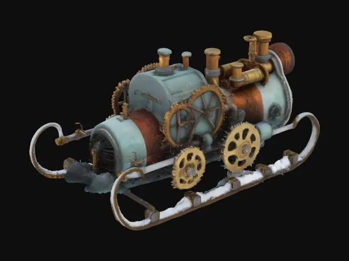 3D model for [Greenland] A steampunk sled powered by geothermal vents, bristling with brass pipes and giant cogwheels, racing across glacial landscapes — steampunk art #AroundTheWorld#