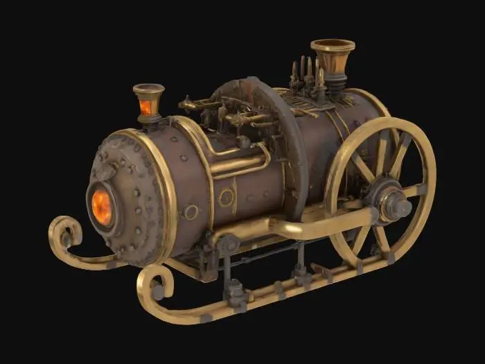 3D model for [Greenland] A steampunk sled powered by geothermal vents, bristling with brass pipes and giant cogwheels, racing across glacial landscapes — steampunk art #AroundTheWorld#