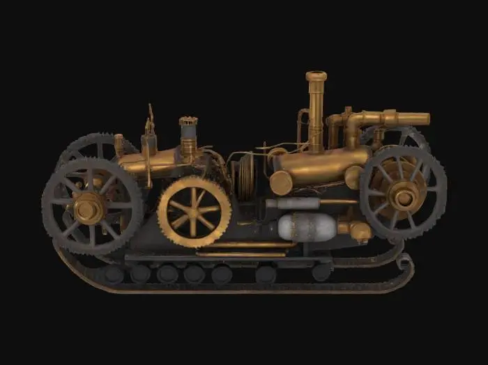 3D model for [Greenland] A steampunk sled powered by geothermal vents, bristling with brass pipes and giant cogwheels, racing across glacial landscapes — steampunk art #AroundTheWorld#