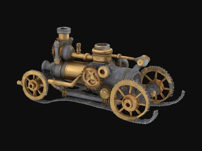 3D model for [Greenland] A steampunk sled powered by geothermal vents, bristling with brass pipes and giant cogwheels, racing across glacial landscapes — steampunk art #AroundTheWorld#