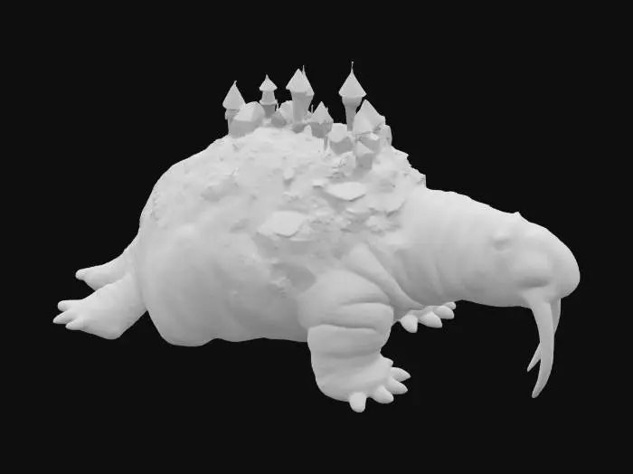 3D model for [Greenland] A massive moss-covered walrus titan, so ancient that an entire village is built upon its back — magical realism style #AroundTheWorld#