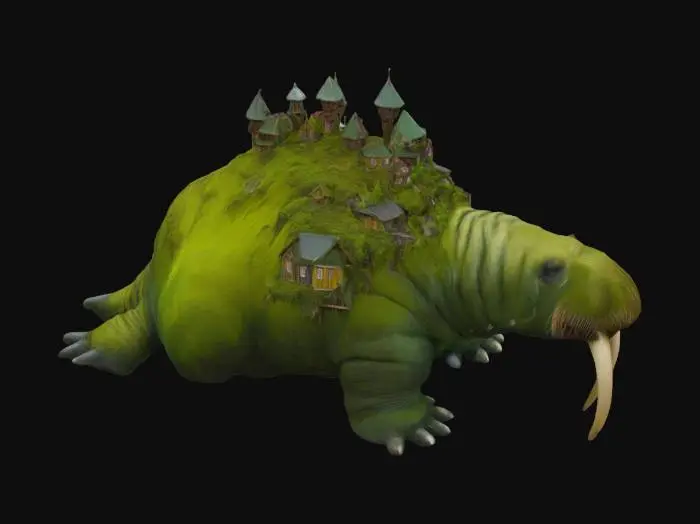 3D model for [Greenland] A massive moss-covered walrus titan, so ancient that an entire village is built upon its back — magical realism style #AroundTheWorld#