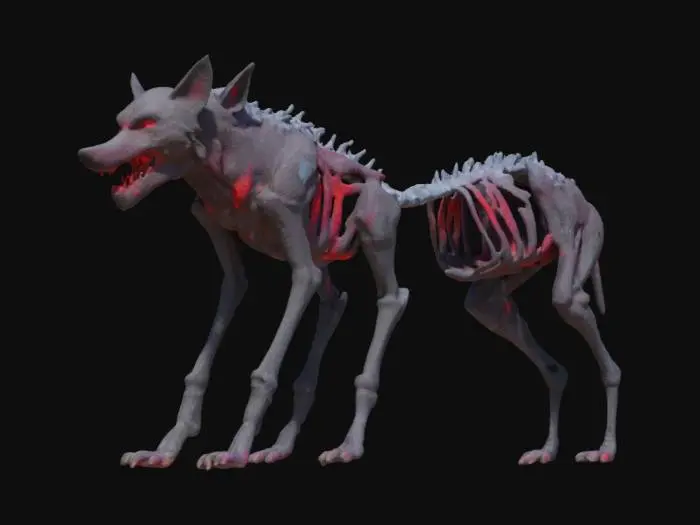 3D model for [Russia] A pack of skeletal wolves crafted from cracked dark crystals, their eyes burning with a cold crimson light, prowling abandoned Russian ruins #AroundTheWorld#