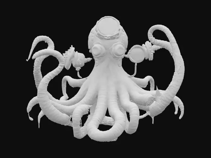 3D model for [Antarctica] A colossal squid reimagined in steampunk style, with massive brass-plated tentacles powered by hissing pistons, its body reinforced with riveted copper armor and glowing pressure gauges, releasing bursts of steam into the freezing Antarctic depths, crystal icicles forming along its rivets, eyes like polished glass domes glowing orange from within #AroundTheWorld#