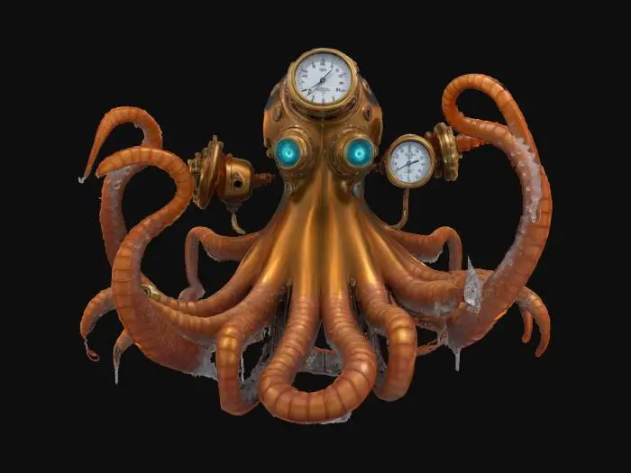3D model for [Antarctica] A colossal squid reimagined in steampunk style, with massive brass-plated tentacles powered by hissing pistons, its body reinforced with riveted copper armor and glowing pressure gauges, releasing bursts of steam into the freezing Antarctic depths, crystal icicles forming along its rivets, eyes like polished glass domes glowing orange from within #AroundTheWorld#