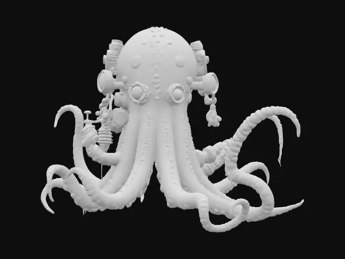 3D model for [Antarctica] A colossal squid reimagined in steampunk style, with massive brass-plated tentacles powered by hissing pistons, its body reinforced with riveted copper armor and glowing pressure gauges, releasing bursts of steam into the freezing Antarctic depths, crystal icicles forming along its rivets, eyes like polished glass domes glowing orange from within #AroundTheWorld#