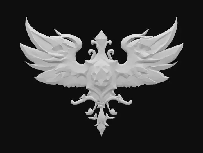 3D model for #emblem# fantasy-themed 3D emblem with gold, gemstones, and ornate wings, inspired by RPG game guild icons