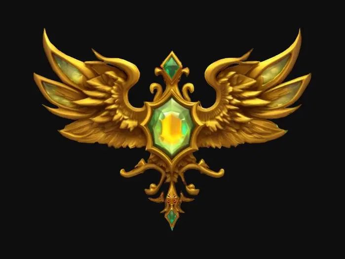 3D model for #emblem# fantasy-themed 3D emblem with gold, gemstones, and ornate wings, inspired by RPG game guild icons