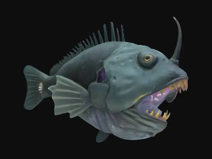 3D model for A deep-sea anglerfish with a bulbous, dark grey body covered in rough, leathery skin. Its large head features a massive mouth with rows of sharply pointed, conical teeth. A slender, flexible dorsal spine extends forward, culminating in a glowing, bioluminescent lure that emits a bright, pulsating light, contrasting with its otherwise murky appearance. #ocean#