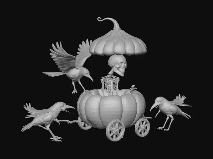 3D model for #Halloween2025# A miniature pumpkin carriage, pulled by two shadowy black ravens, carrying a skeleton wearing an enormous mushroom cap. The pumpkin's wheels are crafted from sturdy mushroom stems, and the carriage interior emits a dim, greenish glow.
