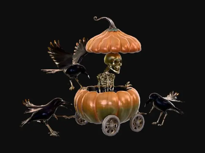 3D model for #Halloween2025# A miniature pumpkin carriage, pulled by two shadowy black ravens, carrying a skeleton wearing an enormous mushroom cap. The pumpkin's wheels are crafted from sturdy mushroom stems, and the carriage interior emits a dim, greenish glow.