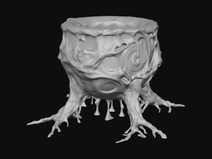 3D model for #Halloween2025#, A monstrous, otherworldly cauldron sculpted from glistening, dark purple and iridescent green bio-luminescent goo. Its amorphous, shifting structure constantly bubbles and pulses, resting on tentacle-like supports. The sticky, slimy texture is both repellent and fascinating, suggesting an alien origin from the deepest, most arcane corners of the cosmos.