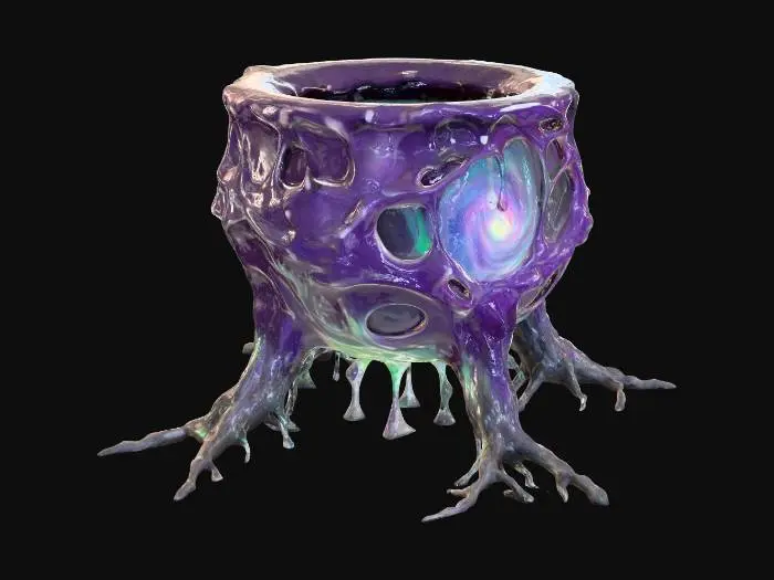 3D model for #Halloween2025#, A monstrous, otherworldly cauldron sculpted from glistening, dark purple and iridescent green bio-luminescent goo. Its amorphous, shifting structure constantly bubbles and pulses, resting on tentacle-like supports. The sticky, slimy texture is both repellent and fascinating, suggesting an alien origin from the deepest, most arcane corners of the cosmos.