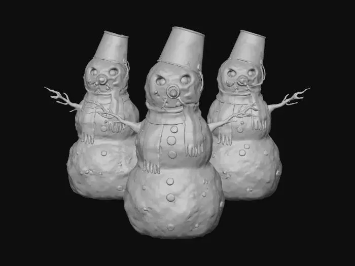 3D model for #Christmas2025# A group of creepy snowmen stand guard in a desolate suburban street, their forms crafted from dirty, coarse snow mixed with dark earth and small, sharp pebbles. Their eyes are glowing, empty sockets, and their 'carrot' noses are twisted, gnarled roots. They wear tattered, plaid scarves and rusty bucket hats, their surfaces rough and granular, reflecting the faint, unsettling light of a distant, flickering neon sign.