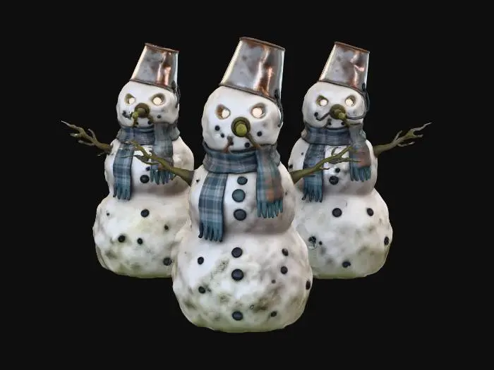 3D model for #Christmas2025# A group of creepy snowmen stand guard in a desolate suburban street, their forms crafted from dirty, coarse snow mixed with dark earth and small, sharp pebbles. Their eyes are glowing, empty sockets, and their 'carrot' noses are twisted, gnarled roots. They wear tattered, plaid scarves and rusty bucket hats, their surfaces rough and granular, reflecting the faint, unsettling light of a distant, flickering neon sign.