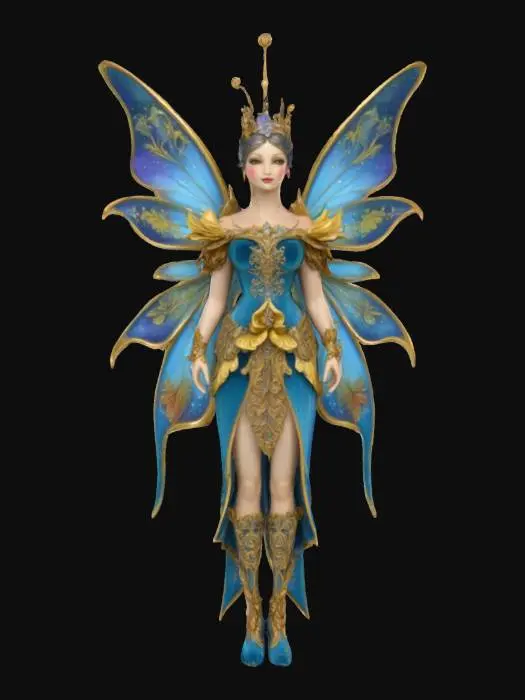 3D model for A fairy adorned in elaborate, ornate clothing, surrounded by luxurious gold accents, velvet drapes, and a grand, opulent interior., #fairy#