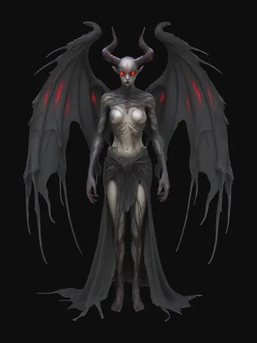 3D model for A sinister fairy with jagged wings and glowing red eyes, lurking in a dark, eerie forest filled with twisted trees and ominous shadows., #fairy#
