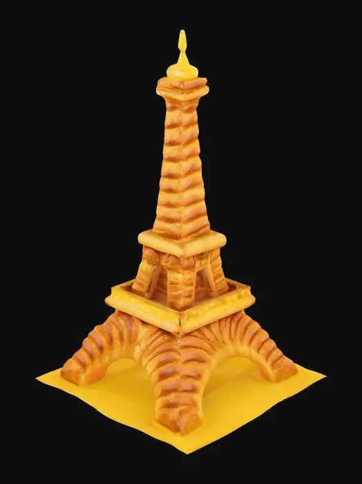 3D model for [Paris] The Eiffel Tower built entirely out of layered French croissants, with melting butter dripping from the iron structure — surreal food-architecture fusion from Paris, France — #AroundTheWorld#