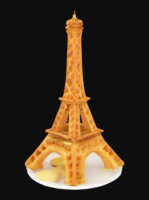 3D model for [Paris] The Eiffel Tower built entirely out of layered French croissants, with melting butter dripping from the iron structure — surreal food-architecture fusion from Paris, France — #AroundTheWorld#