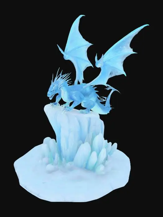 3D model for [Greenland] An ethereal ice dragon, translucent wings trailing snow flurries, coiling around a floating glacier fortress — high fantasy illustration #AroundTheWorld#