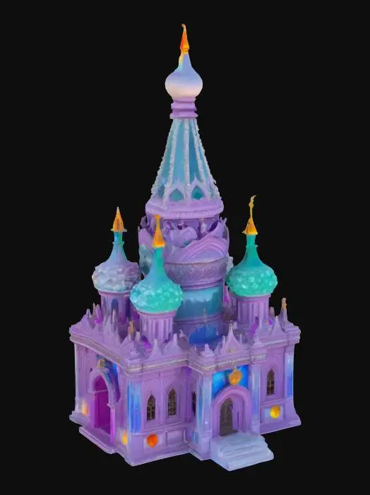 3D model for [Russia] A traditional onion dome cathedral entirely sculpted from vibrant, multicolored crystals, sparkling under the northern sun, intricate icy details on the spires #AroundTheWorld#