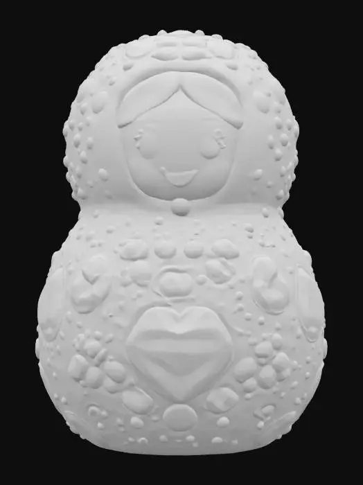 3D model for [Russia] A chubby, cartoon-style Matryoshka doll made of candy-colored crystals, each layer with a happy smiling face, sparkling like a jewel under a bright sky #AroundTheWorld#