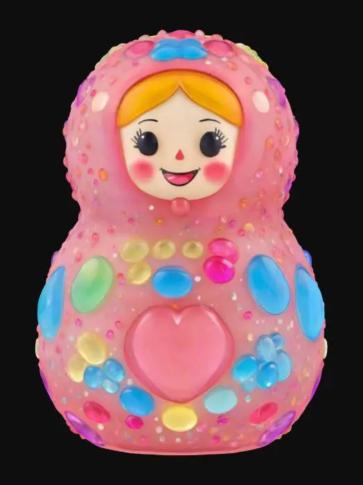 3D model for [Russia] A chubby, cartoon-style Matryoshka doll made of candy-colored crystals, each layer with a happy smiling face, sparkling like a jewel under a bright sky #AroundTheWorld#