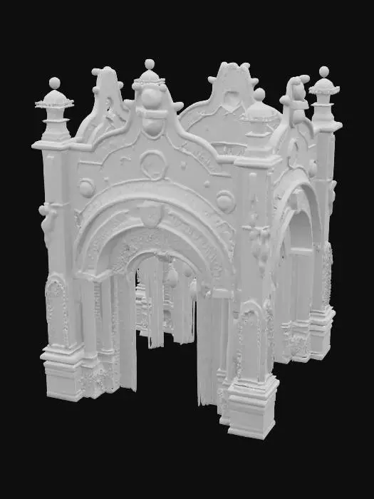 3D model for #arch# A timeworn arch that serves as a portal between worlds, suspended in the air with magical runes swirling around it, steampunk-meets-fantasy style