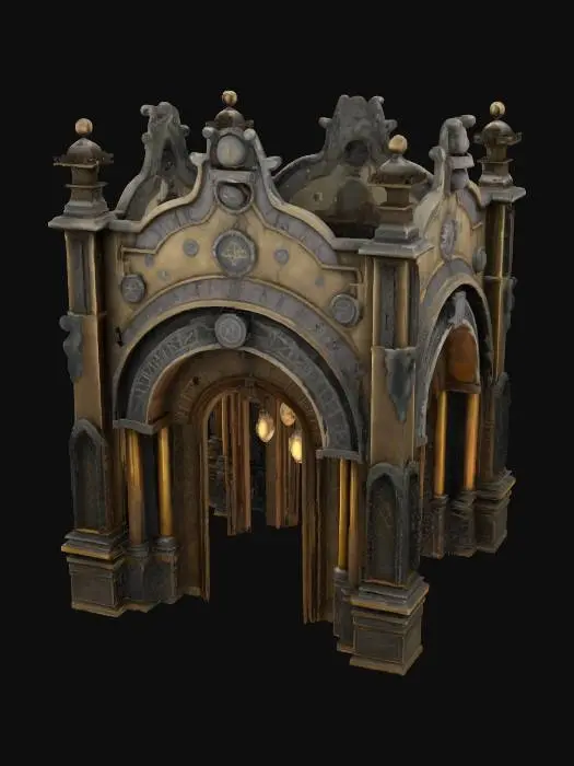 3D model for #arch# A timeworn arch that serves as a portal between worlds, suspended in the air with magical runes swirling around it, steampunk-meets-fantasy style