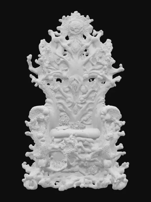 3D model for A fantasy throne intricately formed from gnarled, branching coral in vibrant reds and whites, interspersed with various pearlescent shells. Sharp, translucent sea crystals in shades of blue and green are embedded throughout, adding a magical sparkle. The coral is brittle and porous, the shells smooth and hard, and the crystals cool and sharp to the touch. #ocean#