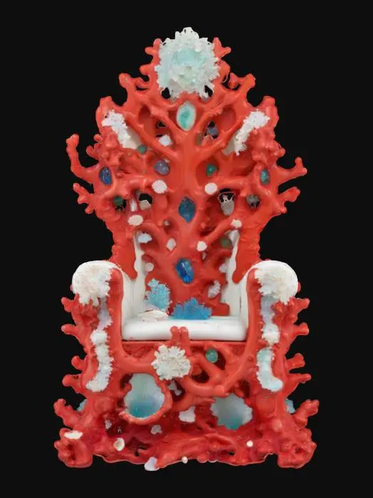 3D model for A fantasy throne intricately formed from gnarled, branching coral in vibrant reds and whites, interspersed with various pearlescent shells. Sharp, translucent sea crystals in shades of blue and green are embedded throughout, adding a magical sparkle. The coral is brittle and porous, the shells smooth and hard, and the crystals cool and sharp to the touch. #ocean#