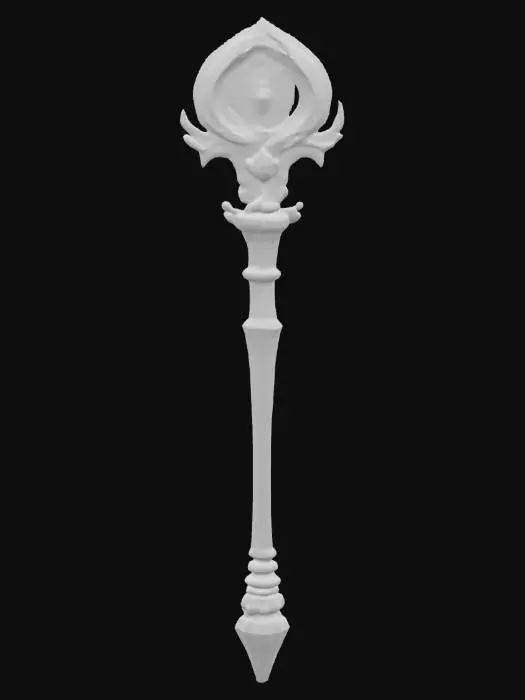 3D model for A fantasy metal staff topped with a glowing gem, copper-colored metal shaft detailed with fine carvings and slight oxidation effects.