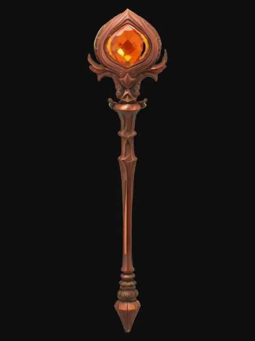 3D model for A fantasy metal staff topped with a glowing gem, copper-colored metal shaft detailed with fine carvings and slight oxidation effects.