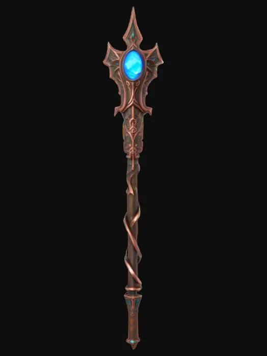 3D model for A fantasy metal staff topped with a glowing gem, copper-colored metal shaft detailed with fine carvings and slight oxidation effects.