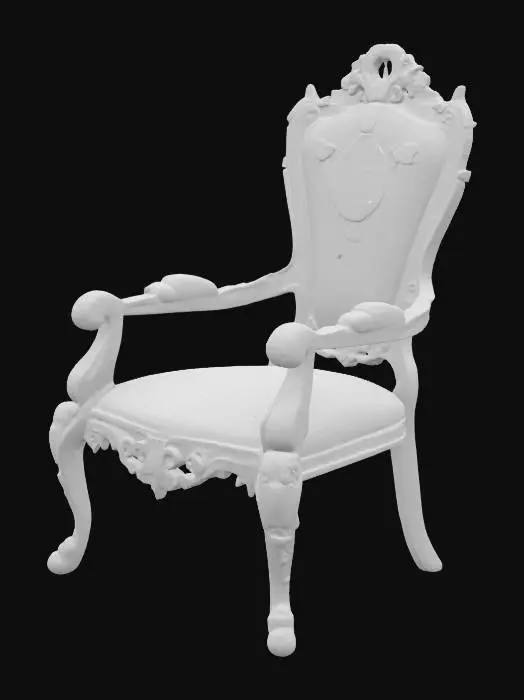 3D model for An ornate metal chair with a wrought silver backrest, embossed with magical symbols, seat made of dark gold metal plates joined together.