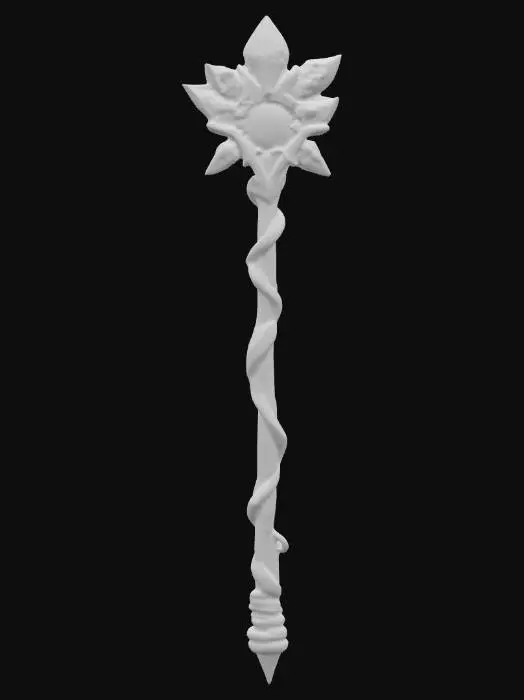 3D model for Mystic mage staff, twisted wood intertwined with glowing crystal shards, golden bindings, runes pulsing with arcane energy, PBR wood grain, semi-transparent crystal and metallic luster, #PBR#